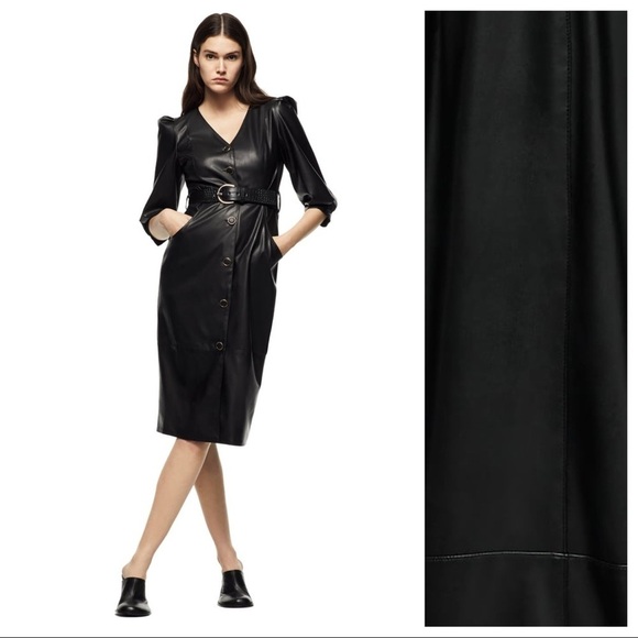 NWT. Zara Black Faux Leather Belted Midi Dress with V-neckline. Size S. -  www.panoramagroup.in